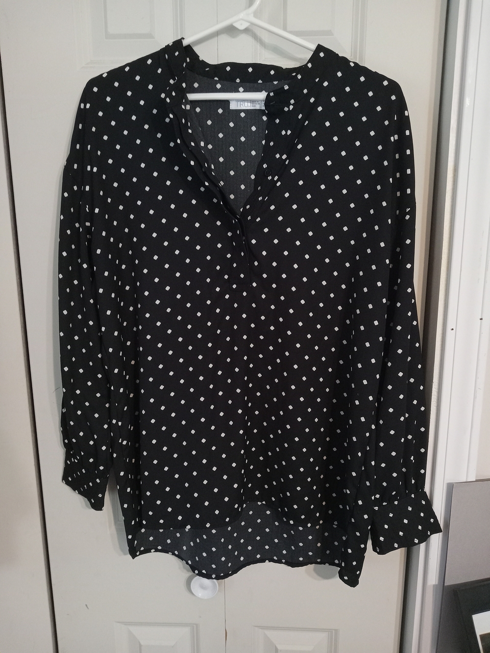 Time and Tru Black Blouse with White Diamond Dots